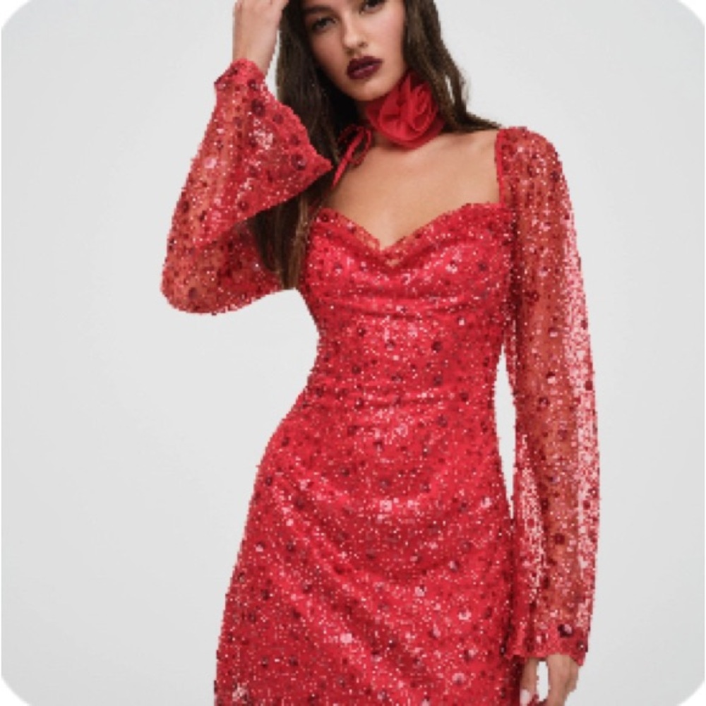 For Love And Lemons Red Sequin Long Sleeve Dress